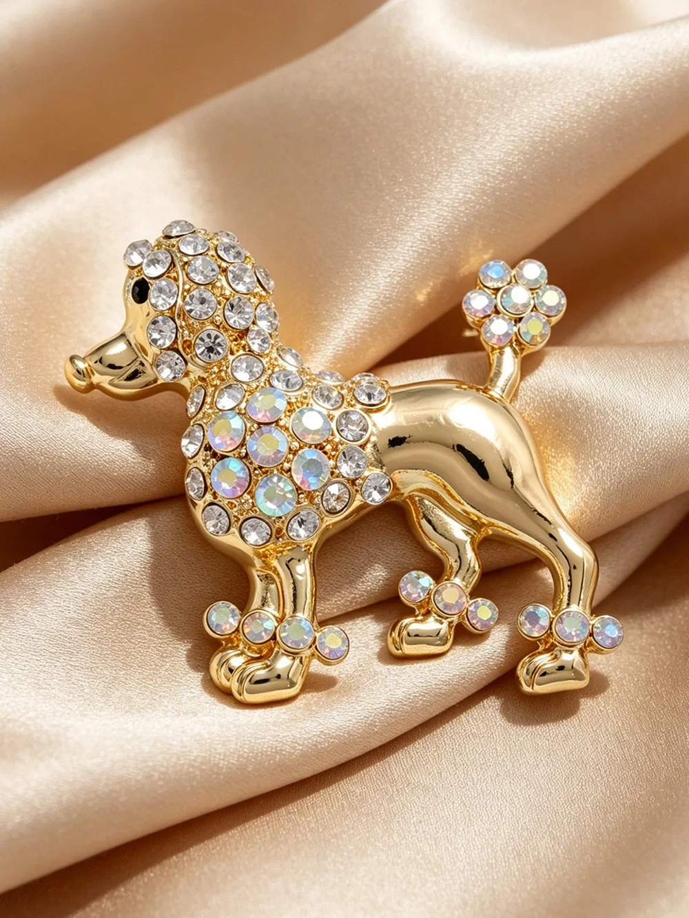 Gold Rhinestone Poodle Dog Brooch Pin Crystal Puppy Statement Jewellery